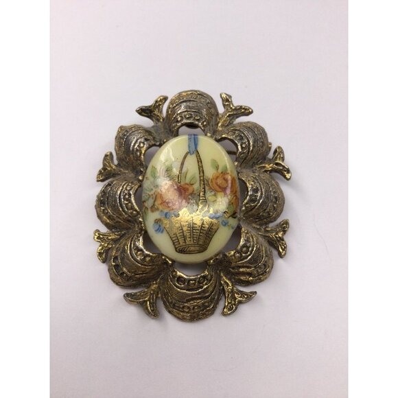 Vintage Collectible Art Nouveau Hand Painted Floral Basket Brooch Pin Jewelry